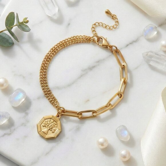 18K Gold Plated Stainless Steel Tree of Life Charm Paperclip Chain Bracelet - Picture 7 of 15